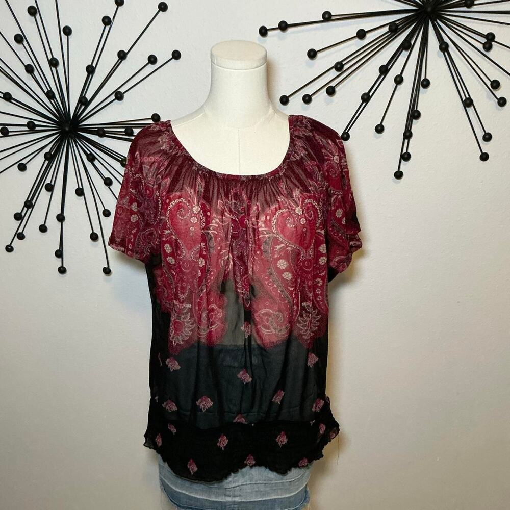 INC International Concepts Paisley Sheer Blouse Top L Black Burgundy Boho
